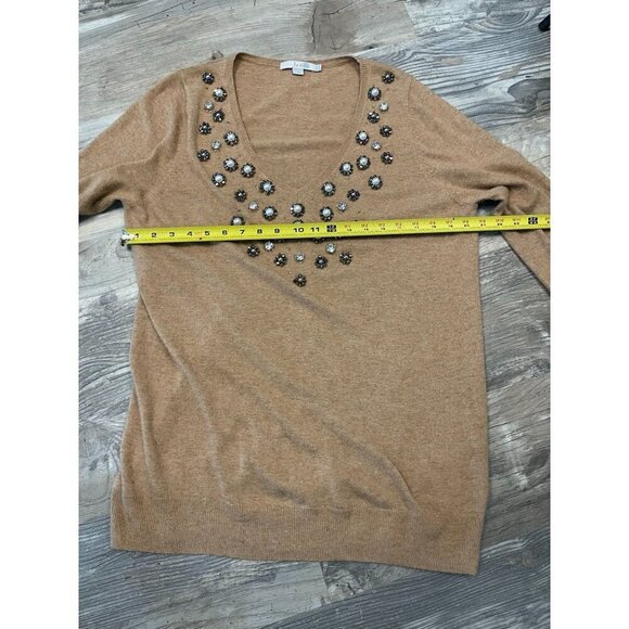 Boden Wool Cashmere Blend Embellished Sweater 10 Tan Beaded V-Neck Long Sleeve - Picture 9 of 10